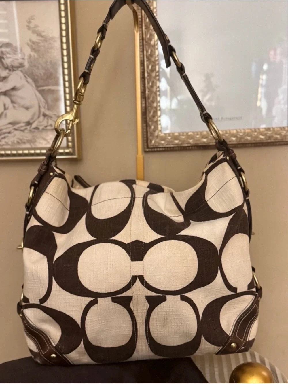 Coach Carly ( Large ) Cream and Dark Brown